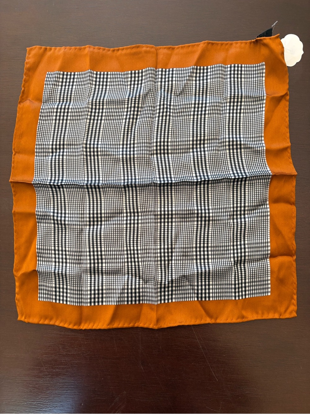 100% silk checkered Pocket Square with Rust-Orange Border